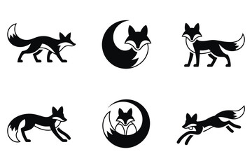 Stylish Black and White Fox Design Collection – Set of Six Minimalist Animal Illustrations Perfect for Logos, Branding, Tattoos, and Modern Graphic Design Projects