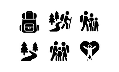 Silhouette icons of hiking, family adventure, and nature exploration