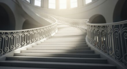 Grand white sweeping staircase with ornate railings in bright natural light stairs
