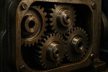 Mechanical Harmony: An up-close, detailed view of a robust metal gear mechanism, displaying the intricate mesh of gears and cogs in a seamless operation. 