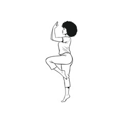 A black woman in a yoga pose. A vector illustration about wellness health and finding balance. A graceful character practicing meditation and mindfulness