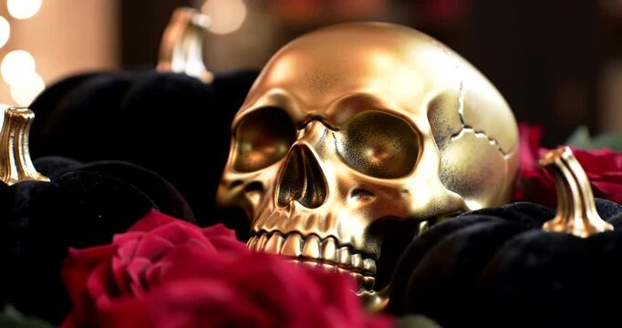 A golden skull is nestled amongst black velvet pumpkins and deep red roses, creating a dramatic and opulent Halloween display.