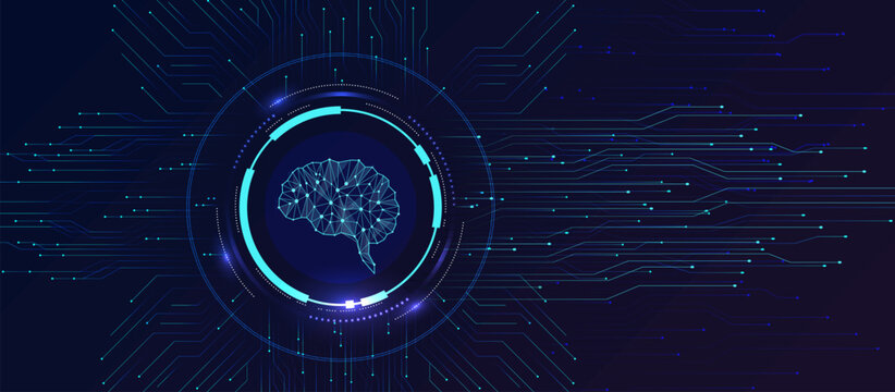 Futuristic digital pixelated brain within glowing turquoise circular frame over complex network of interwoven lines and dots on dark blue background
