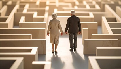 Couple of elderly miniature figure walk through the maze, money problems.