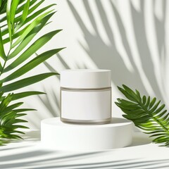 Minimal cosmetic cream jar with blank label and tropical palm leaf shadows on white background.