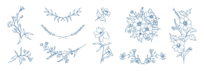 Collection of floral elegant thin hand drawn design elements. Flowers, stems, herbs, greenery. Floral frame in line style. Vector illustration for wedding invitation, save the date, logo, tattoo, card