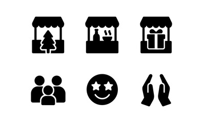 Fototapeta premium Festive market icons: holiday shops, people, and emojis in bold silhouette design