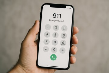 Emergency Call: A person's hand grips a smartphone with a dial-up screen ready to dial 911, symbolizing an urgent call for assistance.