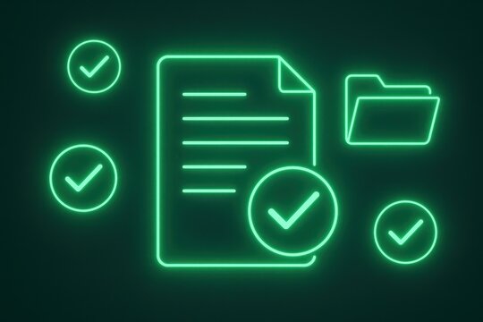 Digital Approval Concept: Neon-illuminated document symbolizing successful project completion and data validation.