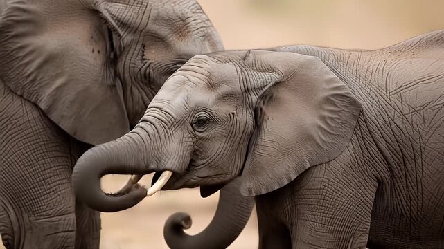 Baby elephant and mother bonding in nature