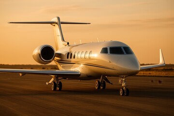 Naklejka premium Jet-setting into the Horizon: An exquisite private jet, basking in the golden hour, poised for flight against a vibrant sky, embodies luxury and travel.