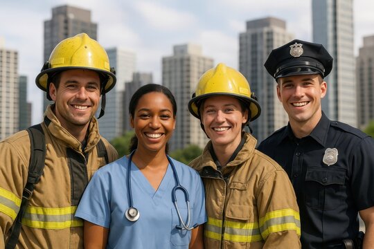 City's First Responders: A collaborative gathering of firemen, a nurse, and a police officer against a background of the city's skyline. A portrait of solidarity, embodying dedication and bravery.