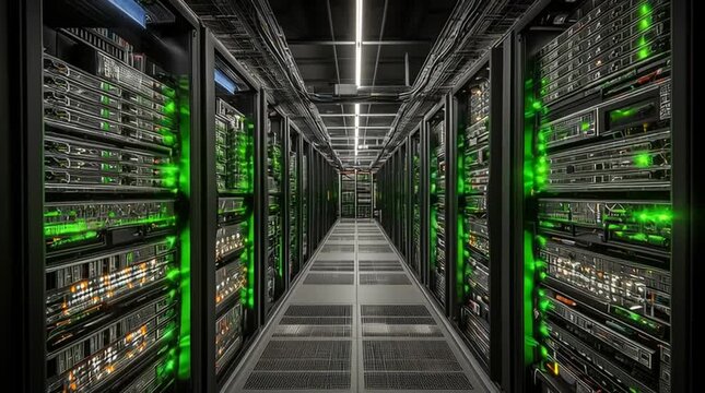 High-tech data center with rows of black server racks illuminated by green LED lights, symbolizing cloud computing, cybersecurity, big data, and advanced digital infrastructure.