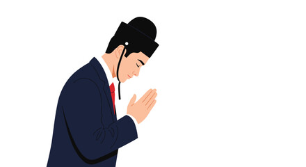 Person in traditional headwear and suit bows respectfully to greet or apologize