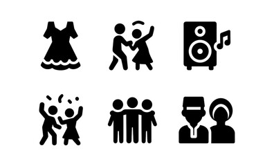Dance and celebration icons: simple black silhouette style