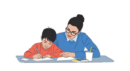 Dedicated teacher assists young student with homework assignments focused on learning and development