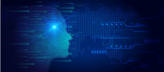 human head silhouette overlaid with glowing turquoise-blue digital circuits, binary code streams, and data lines on dark navy background with teal light, technology concept illustration