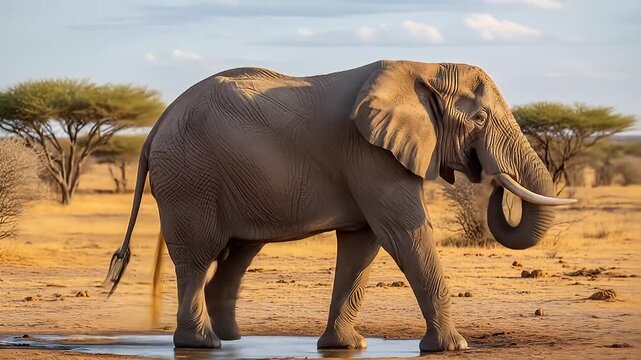 African Elephant Urinating in Savanna Watering Hole Wildlife