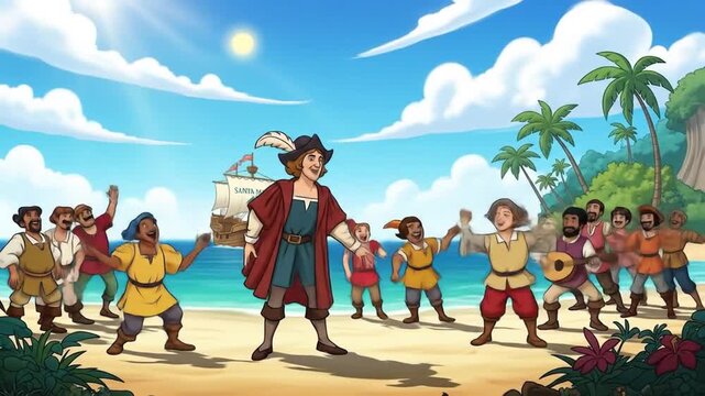 Historical landing celebration animation on tropical beach with cheering people