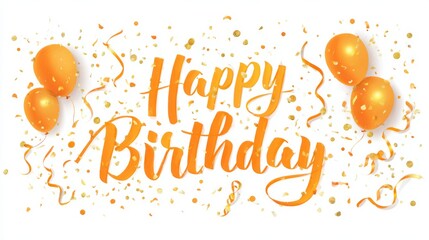 Colorful birthday celebration illustration with gold and orange balloons, festive confetti, swirling ribbons, and vibrant design elements for party invitations and festive decorations