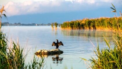 Bird on rock in lake