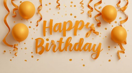 Colorful birthday celebration illustration with gold and orange balloons, festive confetti, swirling ribbons, and vibrant design elements for party invitations and festive decorations