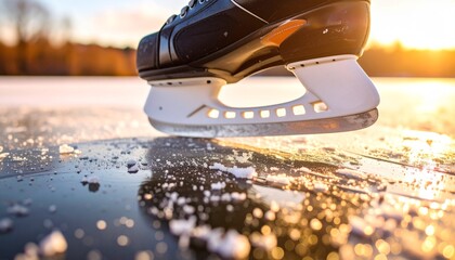 Detailed view of black ice hockey skate blade cutting sharp edge into frozen lake surface with ice fragments reflecting sunset light during outdoor winter skating activity