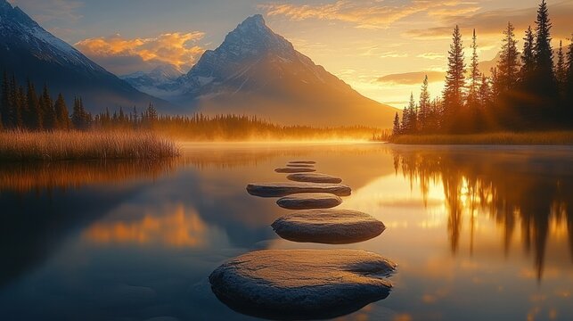 Golden sunrise over serene lake with stone path leading to mountain peak