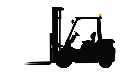 A black silhouette of a forklift with a driver on a white background