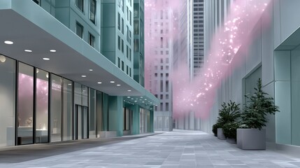City alleyway with pastel buildings and pink mist