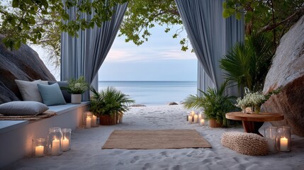 Obraz premium Beachside gazebo with soft blue drapes, candles, and tropical plants
