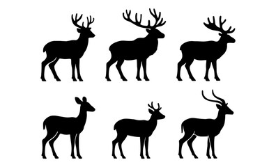 Silhouette collection of various deer and antelope species in profile view