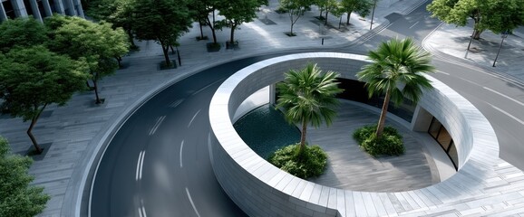 Circular urban road and courtyard with tropical plants