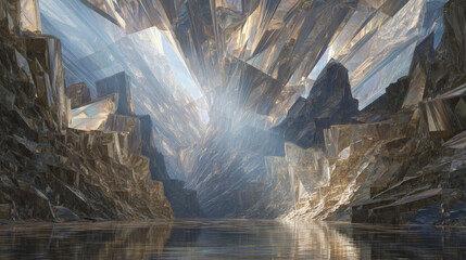 Endless crystalline canyon, reflections and light beams in a surreal fantasy world