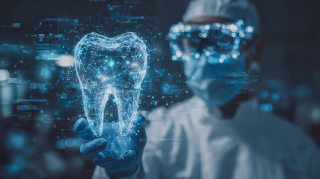 futuristic dental practice, dentist viewing 3D tooth model in augmented reality overlay