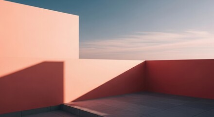 Geometric coral pink walls casting sharp shadows against a pale blue sky with wispy clouds architecture