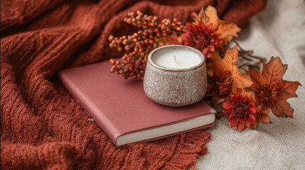 Cozy Autumn Flat Lay with Books and Candles