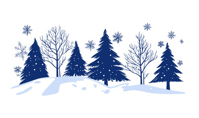 Fototapeta premium Winter forest snow covered pine trees and bare branches with scattered snowflakes minimalist vector illustration landscape background design