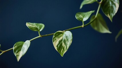 Vibrant Variegated Green Plant Leaves on Dark Blue Background