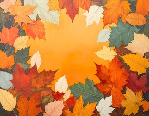 Autumn leaves arranged in a circle around an orange background