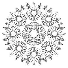 Symmetrical Floral Mandala Line Art Daisy-Inspired Black and White Design for Coloring and Decor