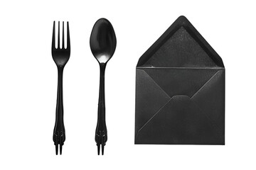 Black cutlery and envelope minimalist still life