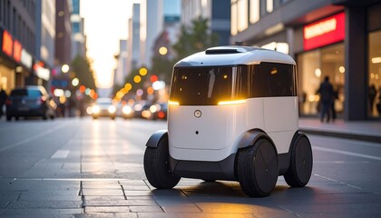 Obraz premium Autonomous delivery robot navigating a busy urban street during sunset, showcasing modern technology