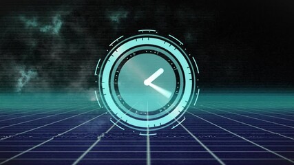 Animation of clock over black and blue digital space - Powered by Adobe