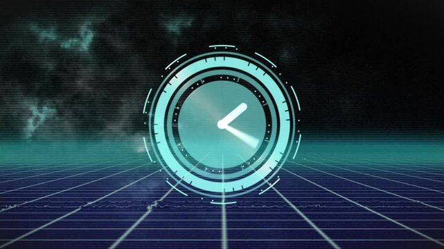 Animation of clock over black and blue digital space - Powered by Adobe