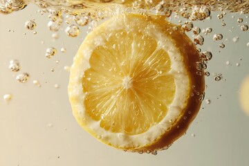 Vibrant lemon slice dances in sparkling water creating refreshing bubbles for ultimate thirst quencher visuals