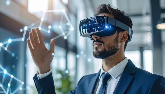 Corporate professional using augmented reality glasses to view digital business connections in mid-air - Powered by Adobe