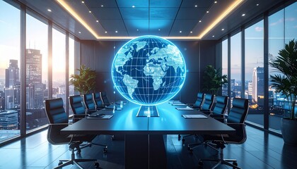 Modern office boardroom with holographic globe projecting real-time data and communication links
