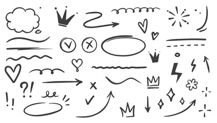 Sketch underline, emphasis, line shape set. Hand drawn swirl swoosh, love, speech bubble, underline element. Vector illustration.

