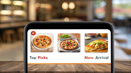 Food delivery apps make ordering easy. A smartphone displaying food options with highlighted picks and new arrivals in a restaurant setting.